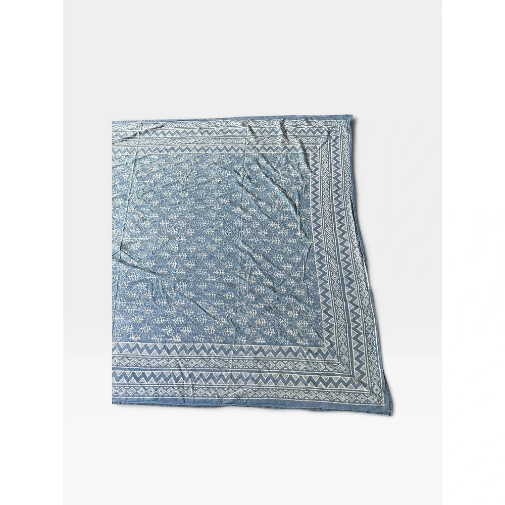 Indigo Blue White Block Print Cotton Throw Wrap Geometric Floral Border India